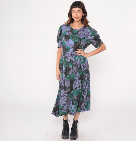 90s Purple Floral Dress Green Black Puff Sleeve Prairie Vintage Drop Waist Full Skirt Dark Academia Tropical Print Nerdcore Grandma Medium M