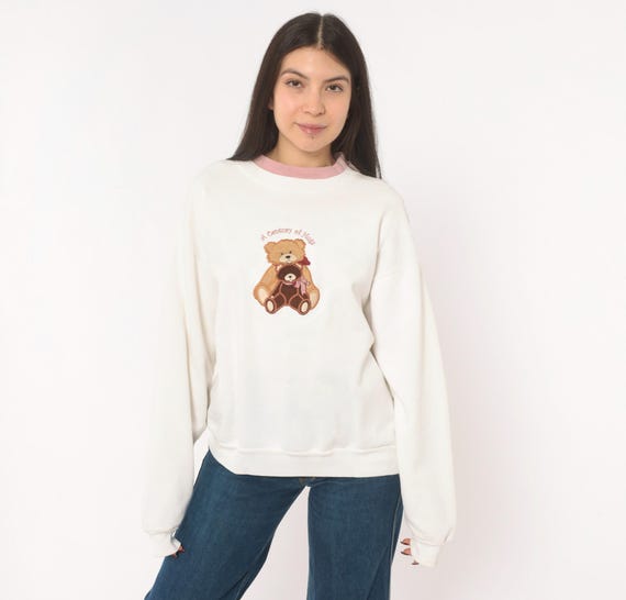 Teddy Bear Embroidered Sweatshirt 90s White Crewneck Pink Ringer Collar Applique Cotton Cute Animal Graphic Vintage Crew Neck Top Medium M