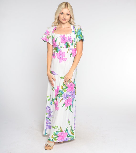 Tropical Maxi Dress 70s Hawaiian Floral White Smocked Flutter Sleeve Long Keyhole Sundress Empire Waist Boho Vintage 1970s Small Medium