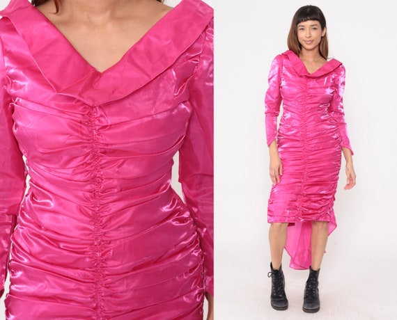 Hot Pink Satin Dress 80s Ruched Party Dress Long Puff Sleeve Midi Sheath Vintage 1980s Prom Formal Back Train Cocktail Pleated Small S