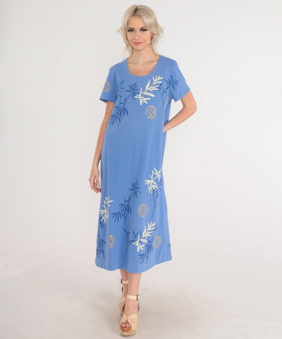 Bamboo Print Dress 90s Blue Midi Dress Short Sleeve Loose Chinese Calligraphy Hanzi Cotton T-Shirt Dress Summer Day Vintage 1990s Large L