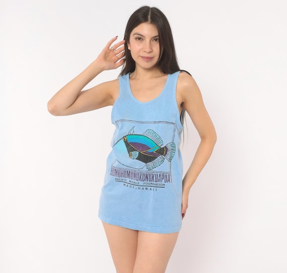 Humuhumunukunukuapua'a Fish Tank Top 90s Hawaii Tourist Tee Triggerfish Graphic Sleeveless Tee Maui Ocean Cotton Blue Sky Powder Small S