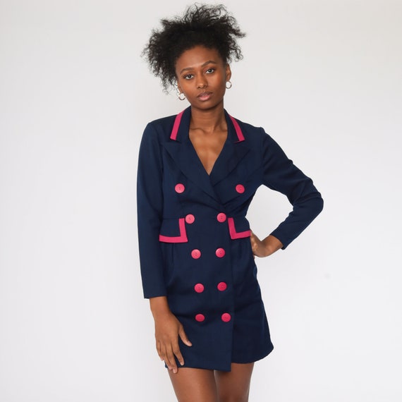 80s Jacket Dress Navy Blue Hot Pink Mini Vintage … - image 3