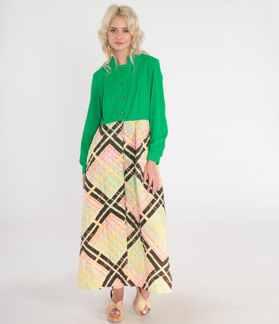 70s Maxi Dress Green Checkered Dress Quilted Skir… - image 2