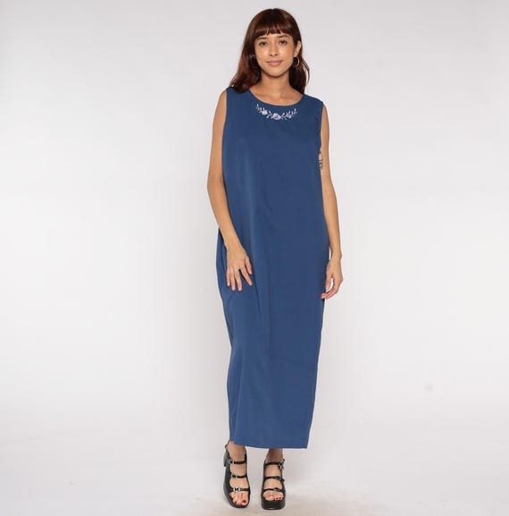 Embroidered Maxi Dress 90s Navy Blue Column Dress Sleeveless Minimalist Floral Neckline Long Shift Dress Modest Extra Large XL Size 16