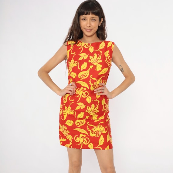 90s Red Floral Dress Yellow Gold Botanical Print Shift Cotton Bright Colorful Summer Vacation Party Day Mini Mod Style Vintage Small S