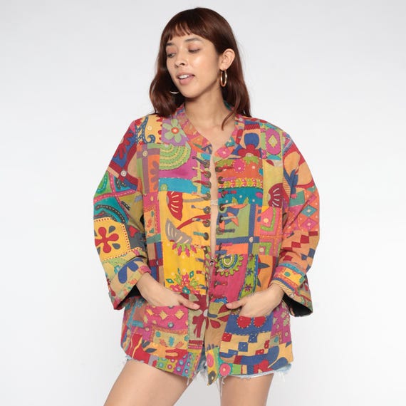 Rainbow Patchwork Jacket Y2K Colorful Hippie Psyc… - image 3