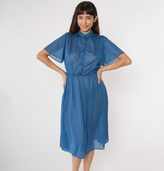70s Semi-Sheer Midi Dress Blue Flutter Sleeve Shirtdress Button Up Dress Secretary Dress High Waisted Dress Boho 1970s Vintage Small Medium
