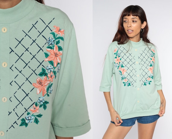 80s Floral Shirt Mint Green Shirt Slouchy Graphic Blouse 90s Patterned Shirt Short Sleeve T Shirt 1980s Vintage retro Large L
