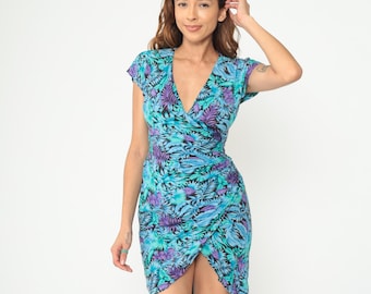 90s Wrap Dress Tropical Floral Turquoise Purple Rayon V Neck Cap Sleeve Ruched Asymmetrical Hem Mini Vintage Hawaiian Extra Small XS