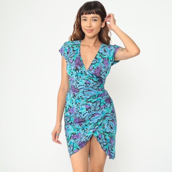 90s Wrap Dress Tropical Floral Turquoise Purple Rayon V Neck Cap Sleeve Ruched Asymmetrical Hem Mini Vintage Hawaiian Extra Small XS