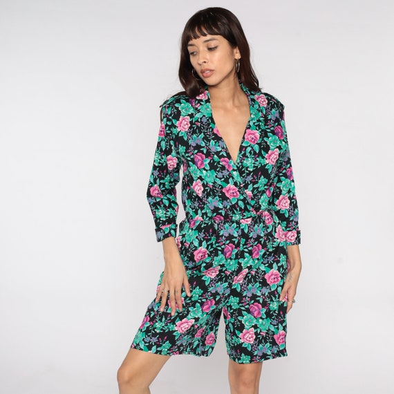 Floral Wrap Dress Black Rose Print V Neck Collared Dress 80s Vintage High Waisted Dress Boho 1980s Green Retro Secretary Minidress Small S