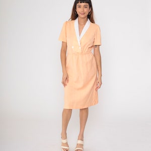 Peach Wrap Dress 80s Midi Double Breasted Button Up Dress V Neck High Waist Secretary Short Sleeve 1980s Vintage Collared Day Dress Medium image 2