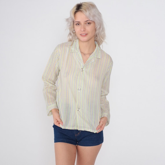 70s Striped Shirt Button up Disco Shirt Semi-Sheer Retro Collared Top Long Sleeve Blouse Lime Green Yellow Blue White Vintage 1970s Small