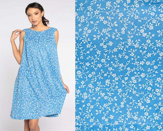 Trapeze Dress 80s Blue Floral Dress Boho Mini Print 1980s Vintage Sundress Sun Tent Sleeveless Large L