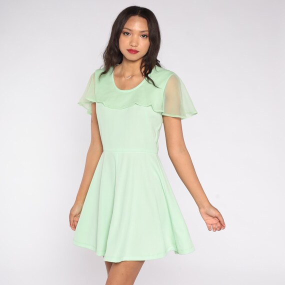 70s Babydoll Mint Green Mini Dress Flutter Sleeve Sheer Chiffon Pastel Sage Seafoam Summer Spring Party Wedding Guest Romantic Medium M