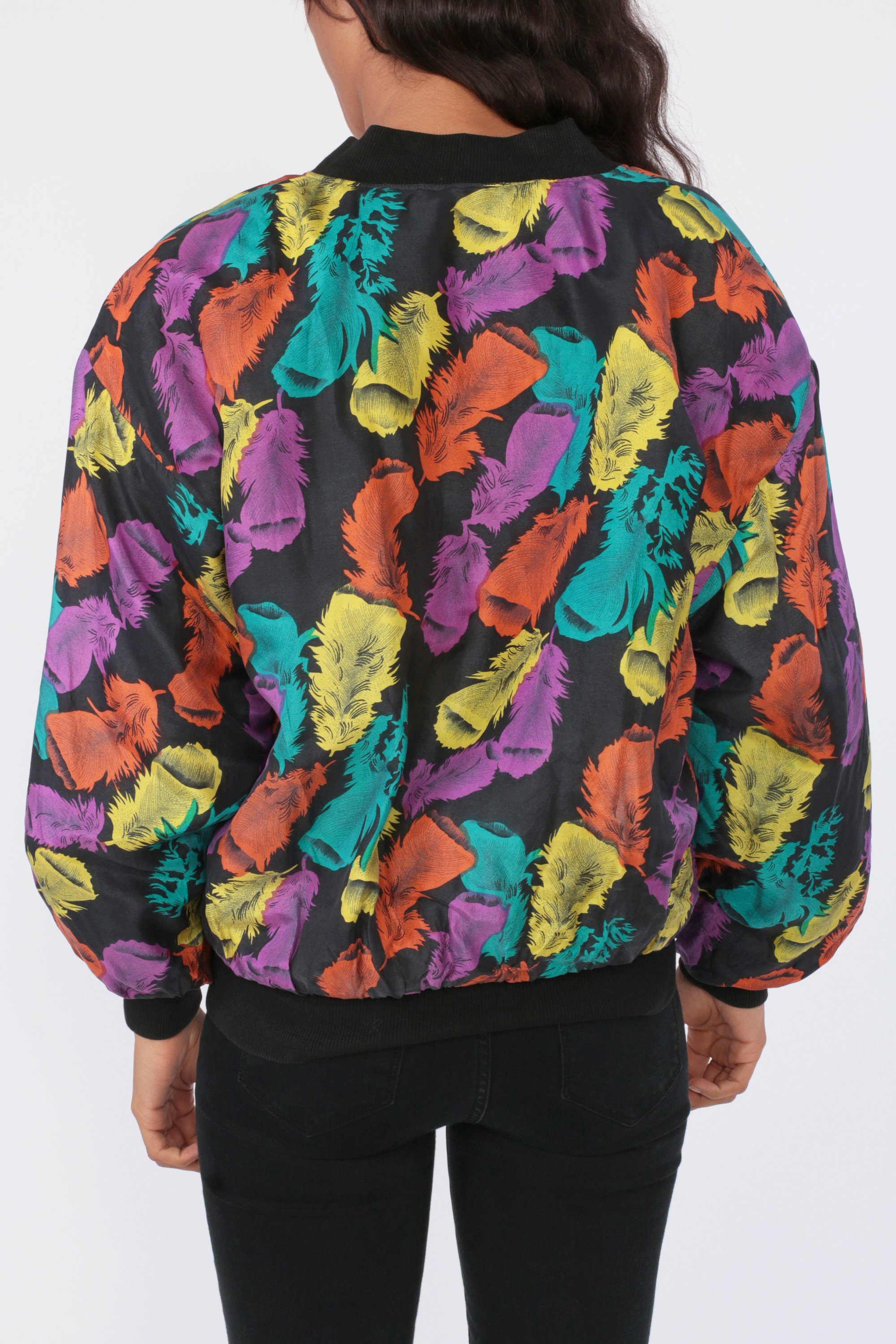 Silk Jacket Feather Print Windbreaker Jacket 90s Retro ...