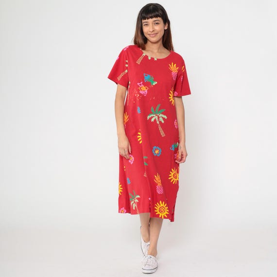 Vintage Fish Print Beach Dress 90s Palm Tree Tropical Midi Summer Dress Pineapple Celestial Floral Sun 1990s Shift Short Sleeve Medium