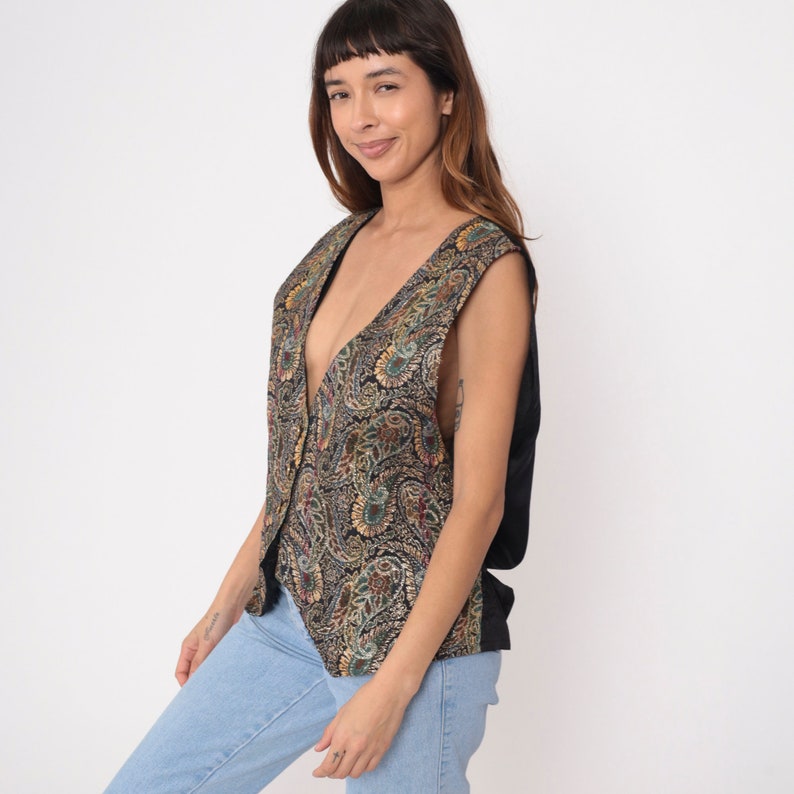 Paisley Tapestry Vest 90s Metallic Sparkly Floral Vest Boho Grunge V Neck Vest Sleeveless 1990s Hippie Bohemian Vintage Vest Large L image 3