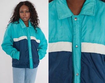 Color Block Ski Jacket 80s Blue Tonal Puffer Jacket Aqua Jacket Puffy Zip Up Coat Striped Basic Winter Coat 1980s Vintage Men's Medium