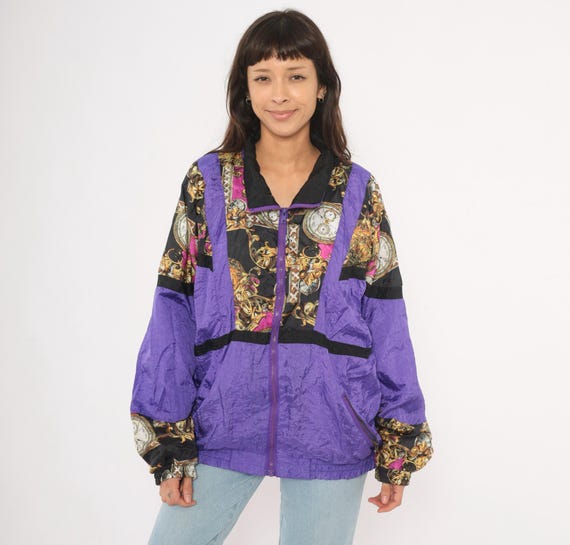 Baroque Clock Windbreaker 90s Purple Gold Pocket Watch Shell Jacket Black Magenta Ornate Colorblock Streetwear Track Coat Vintage Medium M