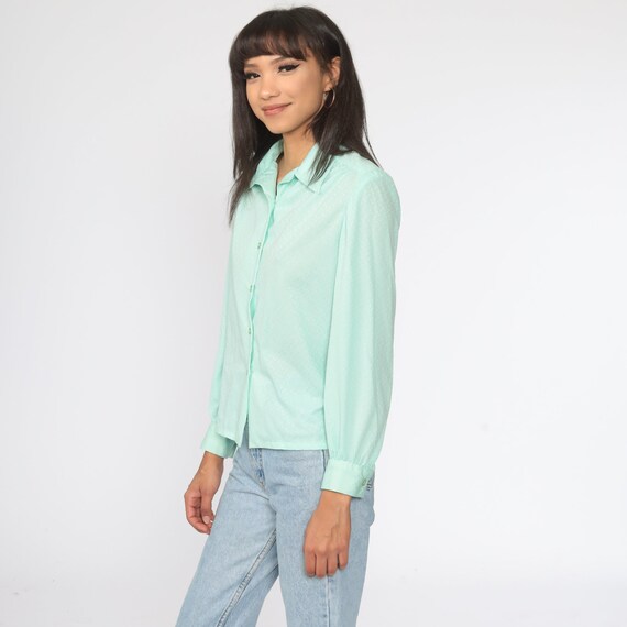 Mint Blue Green Blouse Polka Dot Shirt 70s Dagger… - image 4