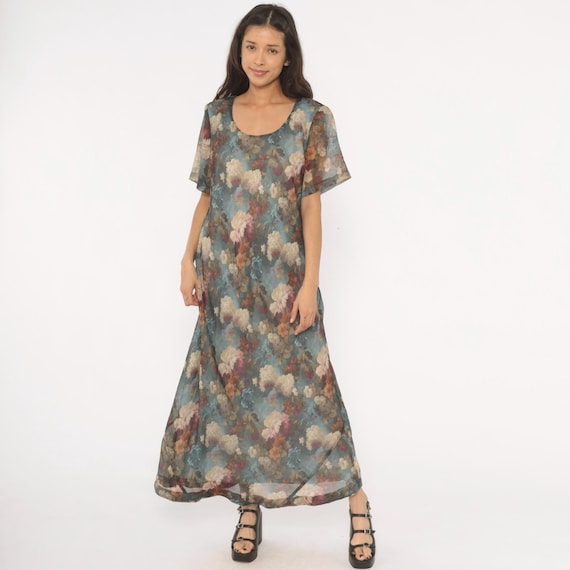90s Floral Maxi Dress Slate Blue Cream Sheer Chiffon Scoop Neck Short Sleeve A Line Romantic Garden Print Muted Tones Vintage Extra Large XL