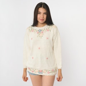 90s Cream Sweater Long Sleeve Embroidered Floral Vintage Pullover Romantic Cottage Core Feminine Soft Delicate Spring Casual Small S