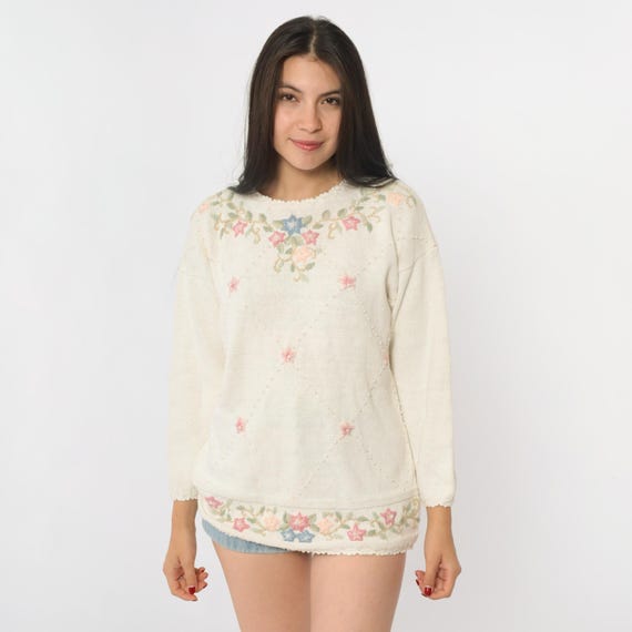 90s Cream Sweater Long Sleeve Embroidered Floral Vintage Pullover Romantic Cottage Core Feminine Soft Delicate Spring Casual Small S