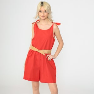 80s Red Romper Ringer Playsuit Shorts Scoop Neck Tie Shoulder Belted High Waisted 1980s One Piece Summer Vintage Sleeveless Medium
