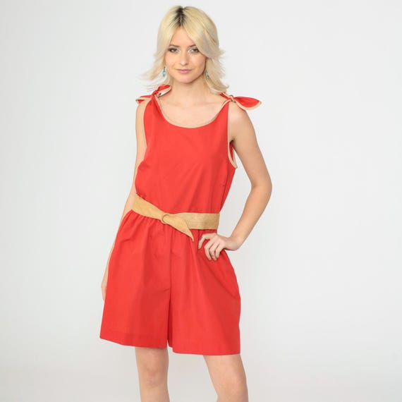 80s Red Romper Ringer Playsuit Shorts Scoop Neck Tie Shoulder Belted High Waisted 1980s One Piece Summer Vintage Sleeveless Medium