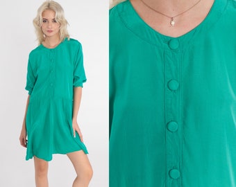 Green Dress 90s Button up Mini Dress Short Sleeve Shirtwaist Retro Plain Chic Classic Simple Preppy Vintage 1990s Nina Piccalina Medium M 8