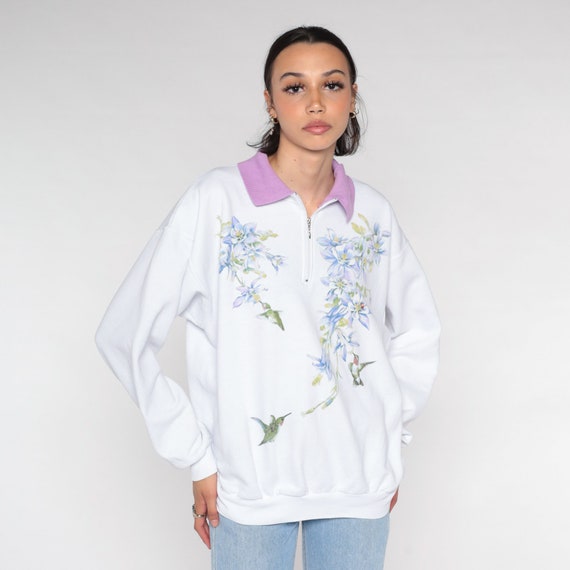 Hummingbird Sweatshirt Y2K Floral Quarter Zip Sweatshirt Columbine Flower Bird Print Graphic Collared Sweater White Vintage 00s Large L