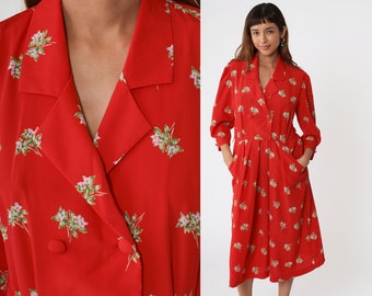 80s Floral Dress Red Midi Pleated Flower Print Boho Button Up Wrap Dress Secretary Pocket Vintage 1980s High Waist 3/4 Puff Sleeve Medium 8