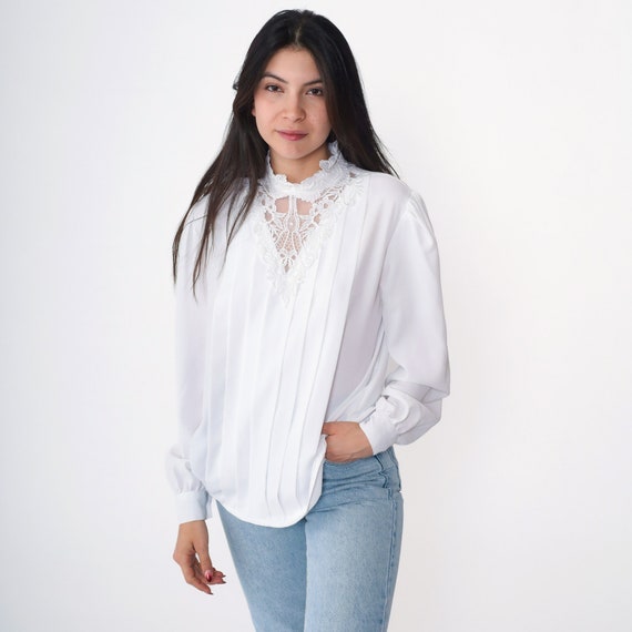 White Lace Collar Blouse 90s Long Puff Sleeve Romantic Victorian Pleated Shirt Victorian Top Retro Secretary Vintage 1990s Small 6 s
