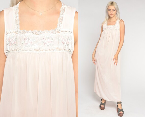 Light Pink Nightgown 90s Lingerie Maxi Dress Lace Bib… - Gem