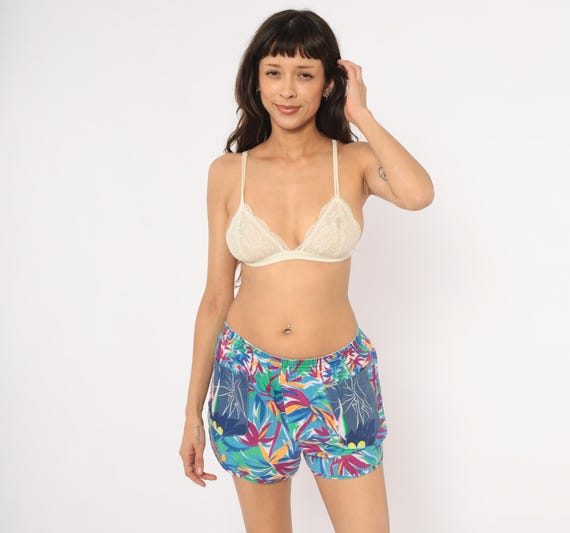 Tropical Leaf Shorts 80s Jockey Life Cotton Floral Pull On Beach Running Blue Green Magenta Orange Colorful Summer Athletic Vintage Small S