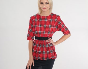 Plaid Peplum Dress 80s Midi Dress Red Checkered Print High Waisted Belted Dress Black Retro Secretary Dress Vintage 1980s Small xs s