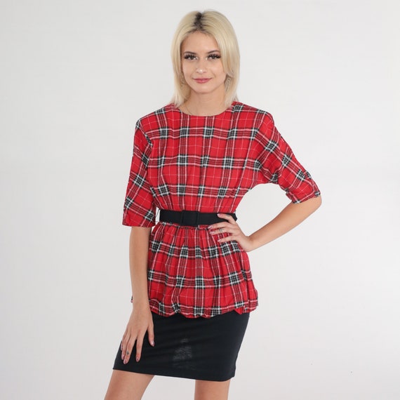 Plaid Peplum Dress 80s Midi Dress Red Checkered Print High Waisted Belted Dress Black Retro Secretary Dress Vintage 1980s Small xs s