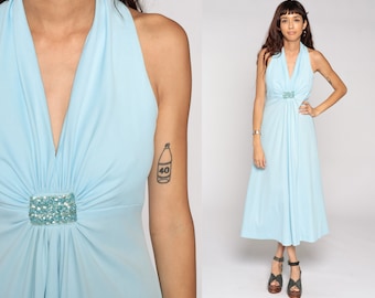 Long Baby Blue Dress GRECIAN Gown Maxi 70s Boho Deep V Neck Party 1970s Empire Waist Vintage Sleeveless Bohemian Small Medium