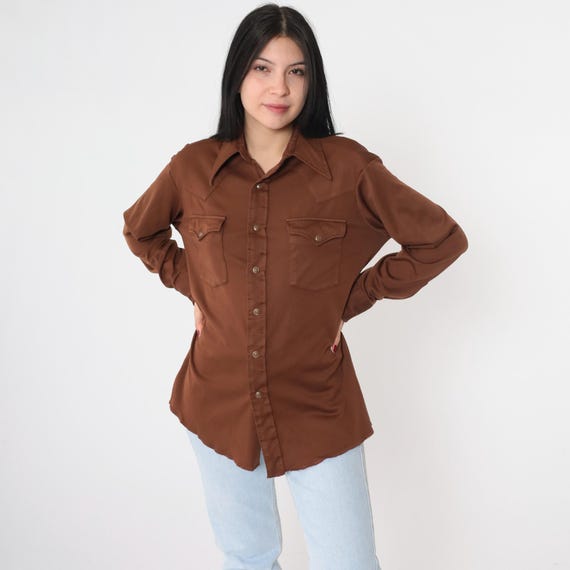 Vintage Wrangler Western Shirt 70s Brown Pearl Snap Oxford Dagger Collar Shirt 1970s Button Up Long Sleeve Rockabilly Plain Large L
