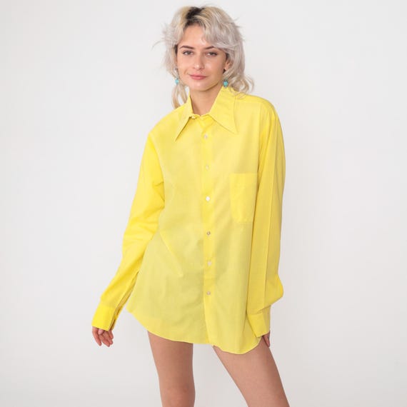 70s Yellow Button Down Shirt Bright Lemon Oversized Collar Long Sleeve Blouse Work Office Tunic Vintage  Womens Large Mens Medium