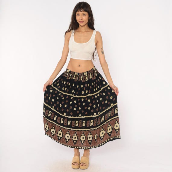 90s Tribal Print Maxi Skirt Black Brown Batik Geometric Circle Diamond Border Hem Elastic Waist Bila Bohemian Ethnic Cream Extra Large XL
