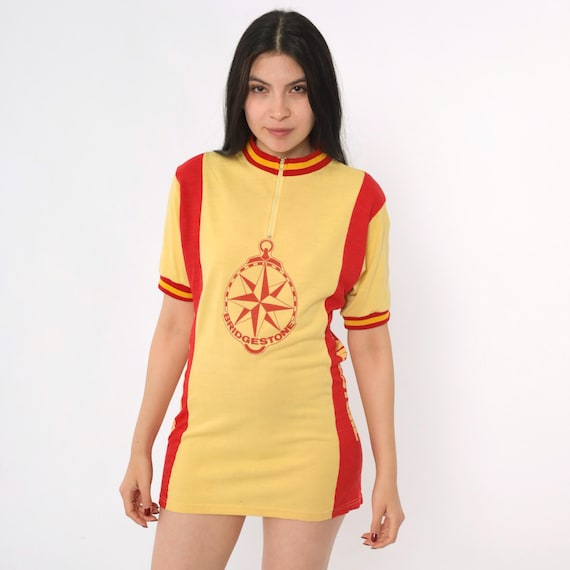 Vintage 70s Cycling Jersey Yellow Red Bridgestone Graphic Kucharik Biker Shirt Short Sleeve 1970s Bike Top Zip Neck Small S