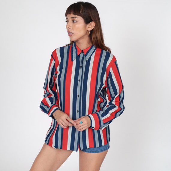 70s Striped Blouse Red White Bue Button Up Shirt Pointed Dagger Collar Disco Velour Bohemian 1970s Hippie Vintage Long Sleeve Large xl l