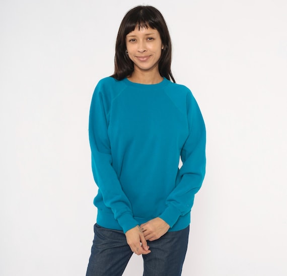 Teal Raglan Sweatshirt 80s Pannil Crewneck Pullover Blank Plain Cotton Turquoise Sweater Aqua Vintage Unisex Casual Athletic Extra Large XL