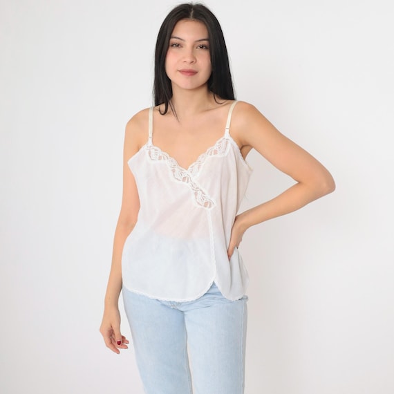 Vintage Lace Camisole 80s White Cami Lingerie Tank Top Semi-Sheer V Neck Retro Undershirt Sleep Lounge Shirt Spaghetti Strap 1980s Small 34