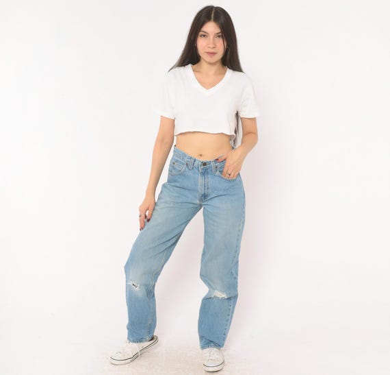 90s Light Wash Jeans Distressed Knee Rip Straight Leg High Rise Cotton Denim Pants Faded Blue Relaxed Fit Five Pocket Trousers Vintage Small