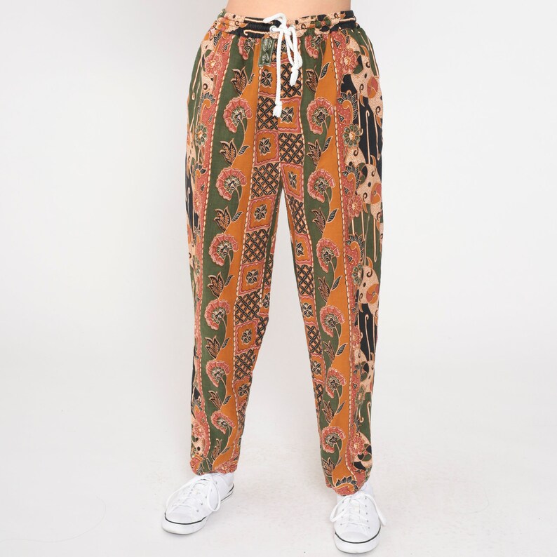 Baggy Floral Pants 90s Batik Tapered Relaxed Pants Burnt Orange Green Striped High Waist Pants Flower Trousers Vintage Small Medium image 7