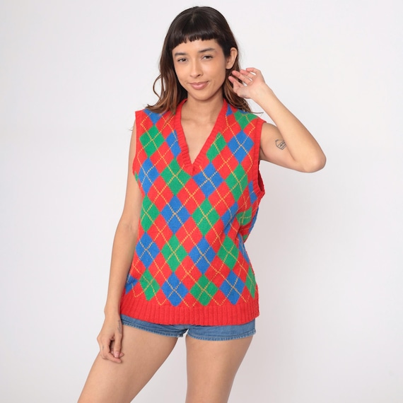 80s Argyle Vest Sleeveless Sweater Red Blue Green Yellow Gold Diamond Pattern Hand Knit V Neck Preppy  Geometric Multicolor Vintage Medium M